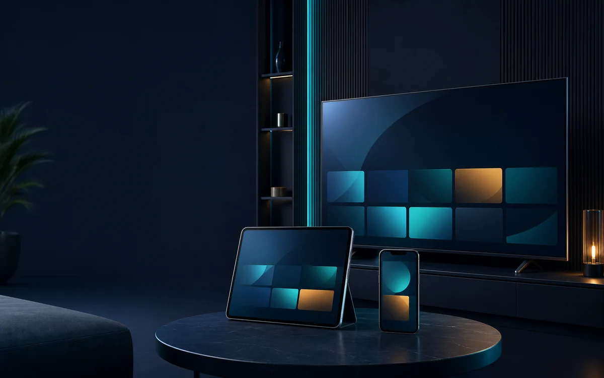 Téléviseur, tablette et smartphone affichant une interface de lecture abstraite
