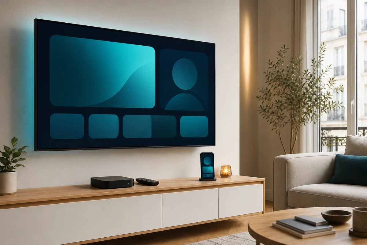 Installation TV moderne avec boîtier de streaming, télécommande et smartphone